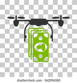 Drone Banknotes Payment vector pictogram. Illustration style is flat iconic bicolor eco green and gray symbol on a transparent background.