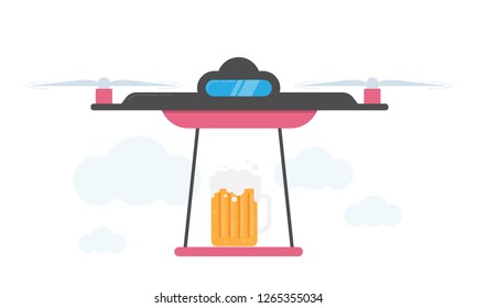 Drone Beer Delivery Concept Vector Illustration. Quadrocopter transporting alcohol. Flat style design.