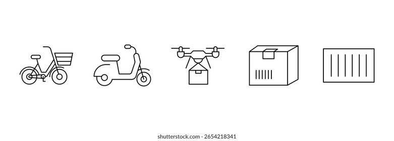 Drone bicicleta scooter pacote entrega mercadorias entrega entrega transporte courier mobilidade ícone vetor ilustração esboço conceito moderno design.