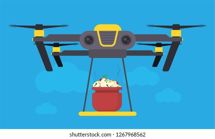 Drone Biryani Delivery Concept Vector Illustration. Quadcopter transporting Biryani, food. Flat style design.