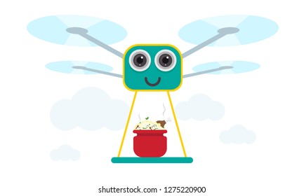 Drone Biryani Delivery Concept Vector Illustration. Quadcopter transporting Biryani, food. Flat style design.