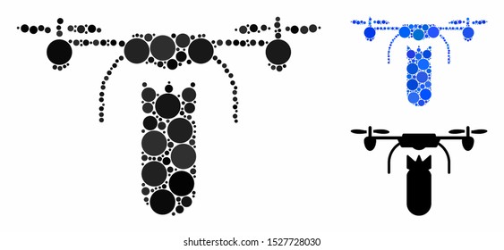 Drone bomber mosaic of spheric dots in various sizes and color tones, based on drone bomber icon. Vector round dots are grouped into blue mosaic. Dotted drone bomber icon in usual and blue versions.