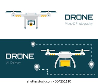 Drone with box and action camera. Air photography and delivery by drone. Vector banners with flying quadrocopters in flat style.