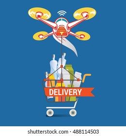 Drone with a box flying in the sky. Vector flat illustration of the modern express package delivery. Shipping, logistic service in business and industry
