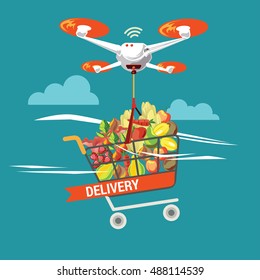 Drone with a box flying in the sky. Vector flat illustration of the modern express package delivery. Shipping, logistic service in business and industry
