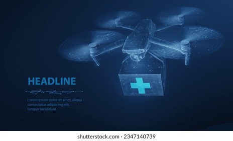 Drone and box with medical cross. Abstract 3d future medicine concept. Medicine technology, aerial delivery, futuristic healthcare, ambulance innovation, remote emergency, drone tech symbol