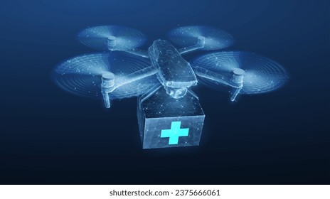 Drone and box with medical cross. Abstract 3d future medicine concept. Medicine technology, aerial delivery, futuristic healthcare, ambulance innovation, remote emergency, drone tech symbol