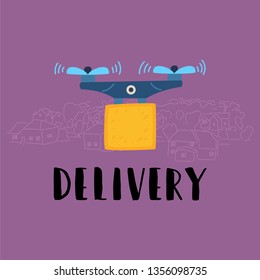A drone bright colors. New technologies and delivery of goods by air. Flying apparatus with a cargo and a box for the goods.