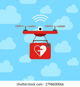 Drone bringing a defibrillator, The drone can quickly assist with life saving equipment to help a person with sudden cardiac arrest. Vector illustration.