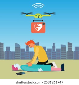 Drone bringing a defibrillator. The drone can quickly assist with life-saving equipment to help a person with sudden cardiac arrest. Use case for UAV technology. Vector Illustration