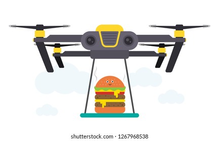 Drone Burger Delivery Concept Vector Illustration. Quadcopter Transporting Burger, Food. Flat Style Design.