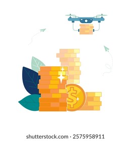 Drone. Business presentation, poster. Delivery of gold dollar coins, dollars cents, to new business project. Dollars on payment card, achieving financial goal, growth, accumulation Vector illustration