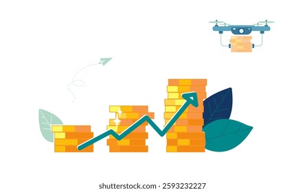 Drone. Business presentation, poster. Delivery of gold dollar coins, cents by drone, to a new business project. Financial growth, achieving financial goal, growth, accumulation. Vector illustrations