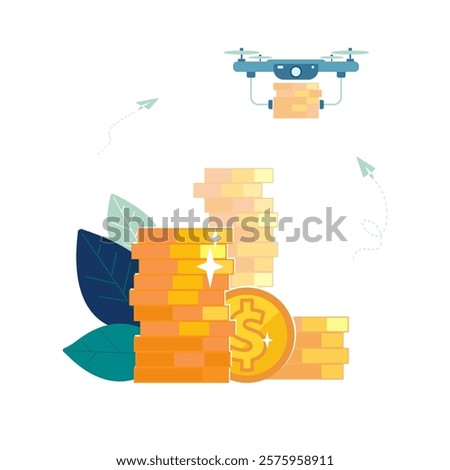 Drone. Business presentation, poster. Delivery of gold dollar coins, dollars cents, to new business project. Dollars on payment card, achieving financial goal, growth, accumulation Vector illustration