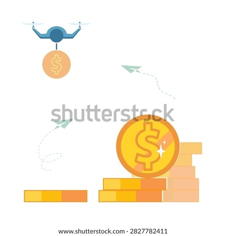 Drone. Business presentation, poster. Delivery of gold dollar coins, dollars cents, to new business project. Dollars on payment card, achieving financial goal, growth, accumulation Vector illustration
coworking, flyer, magazine achievement, clip art, booklet, office, work, info graphic,  headline,
