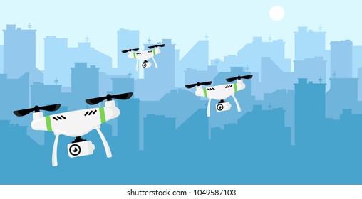 Drone with camera against city background. Aerial photography and video recording. Realistic beautiful template concept. Simple modern icon. Flat style vector illustration.
