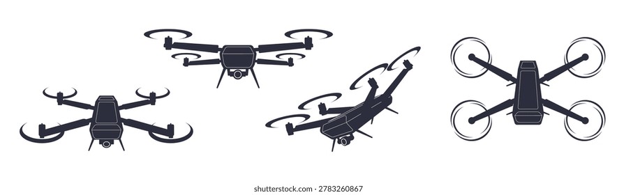 Drone camera angles. Black quadcopter silhouette different side view, unmanned aerial vehicle with camera, modern technologies device, equipment branding qualitative vector cartoon flat isolated set