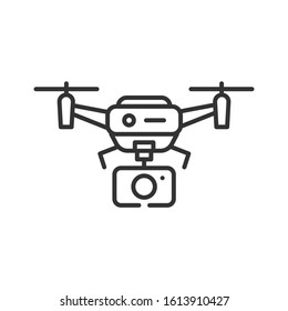 Drone with camera automatic unmanned control black line icon. Aircraft device concept. Video surveillance from a quadcopter, shots from a height. Sign for web page, mobile app, social media.