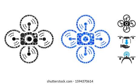 Drone camera composition of circle elements in various sizes and color hues, based on drone camera icon. Vector circle elements are grouped into blue collage.