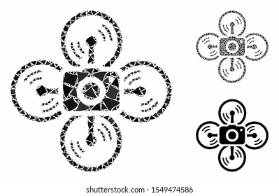 Drone camera composition of raggy pieces in various sizes and color tones, based on drone camera icon. Vector tuberous pieces are composed into collage. Drone camera icons collage with dotted pattern.