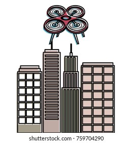 drone with camera flying on city landscape buildings