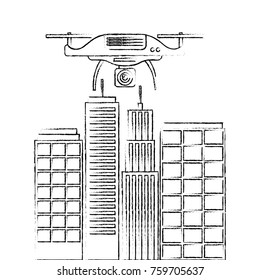 drone with camera flying on city landscape buildings