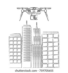 drone with camera flying on city landscape buildings