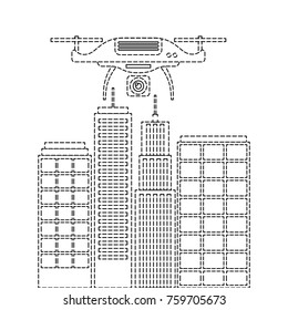 drone with camera flying on city landscape buildings