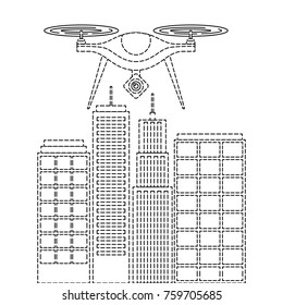 drone with camera flying on city landscape buildings
