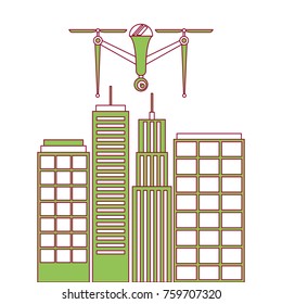 drone with camera flying on city landscape buildings