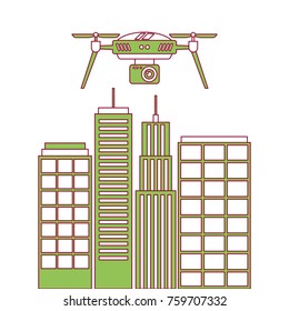 drone with camera flying on city landscape buildings
