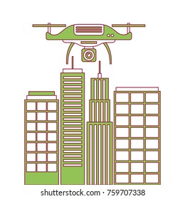 drone with camera flying on city landscape buildings