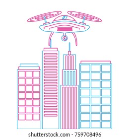 drone with camera flying on city landscape buildings