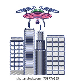 drone with camera flying on city landscape buildings