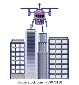 drone with camera flying on city landscape buildings