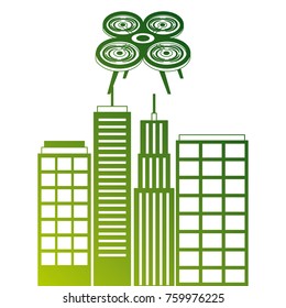 drone with camera flying on city landscape buildings