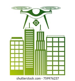 drone with camera flying on city landscape buildings