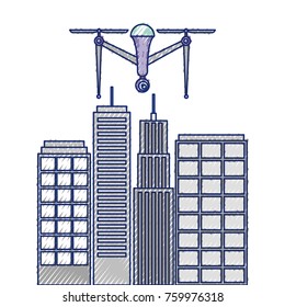 drone with camera flying on city landscape buildings
