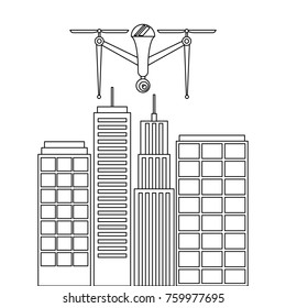drone with camera flying on city landscape buildings