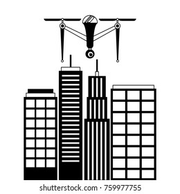 drone with camera flying on city landscape buildings