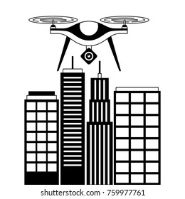 drone with camera flying on city landscape buildings