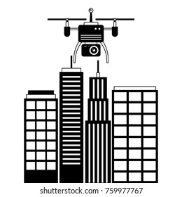 drone with camera flying on city landscape buildings