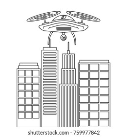 drone with camera flying on city landscape buildings