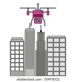 drone with camera flying on city landscape buildings