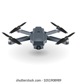 Drone with camera. Gray color, white background. 3d vector illustration.