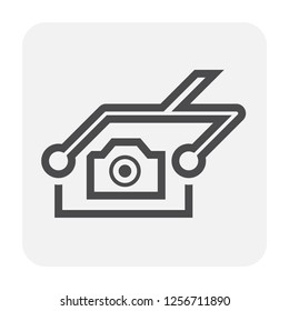 Drone camera icon. Including gimbal, rotation control and stabilizer. Digital camera for recording video and take photo from aerial view. Also use to survey and surveillance. Compact and waterproof.