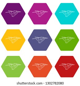 Drone with camera icons 9 set coloful isolated on white for web