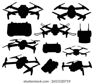 Ícones da câmera do drone, quadcópteros aéreos símbolos da silhueta dos veículos. Militares modernos não tripulados do exército de drones. Quadricópteros aéreos tecnologia moderna. Aeronave wireless com controles de mesa digitalizadora remota.