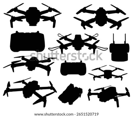 Drone camera icons, aerial quadcopters vehicles silhouette symbols. Modern unmanned flying drones army military. Aerial quadcopters modern technology. Wireless aircraft with remote tablet controls.