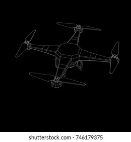 Drone with camera. Isolated on black background.Vector outline illustration.
